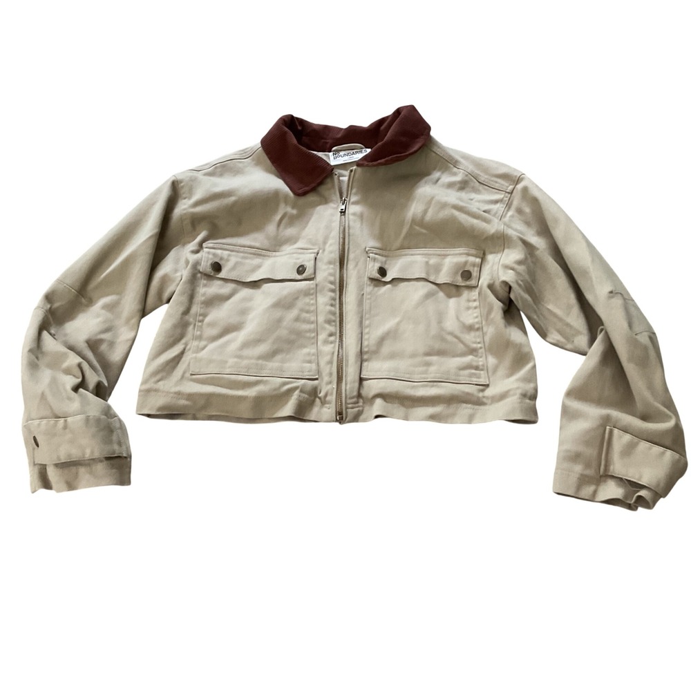No Boundaries Tan Cropped Utility Jacket Burgundy Corduroy Collar Large 12-14